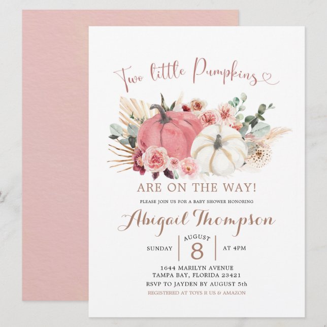 Invitation Boho Twin rose et blanc Baby shower Citrouille (Devant / Derrière)