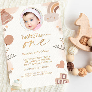 Invitation Boho Un An Filles Photo Fête Anniversaire