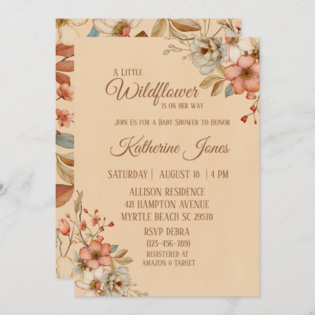 Invitation Boho Un Petit Baby shower De Fille Fleur sauvage (Devant / Derrière)