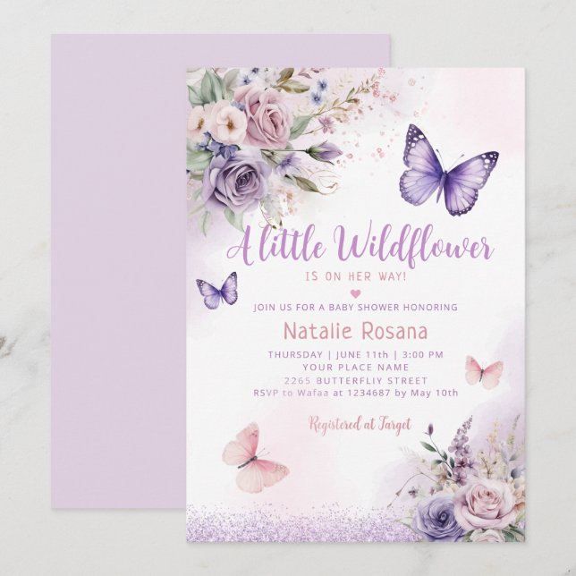 Invitation Boho Un Petit Papillon Floral Girl Baby shower (Devant / Derrière)