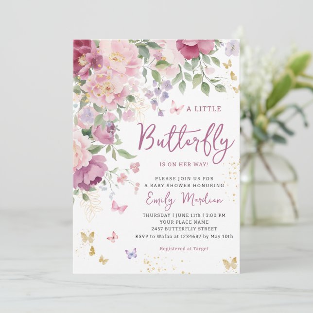 Invitation Boho Un Petit Papillon Floral Girl Baby shower (Debout devant)