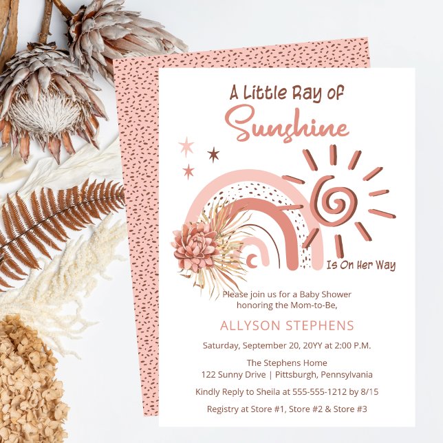 Invitation Boho Un petit rayon de soleil Baby shower fille (Boho Pink A Little Ray of Sunshine Girl Baby Shower Invitation)