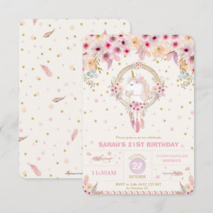 Invitation Boho Unicorn Anniversaire Floral Girl 21ème Annive
