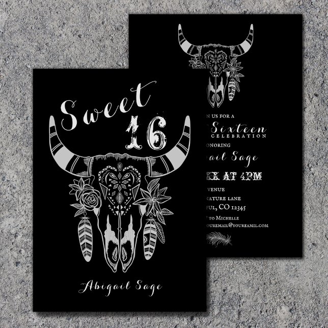 Invitation Boho Vache Crâne noir et blanc Douceur 16 Annivers (Créateur téléchargé)