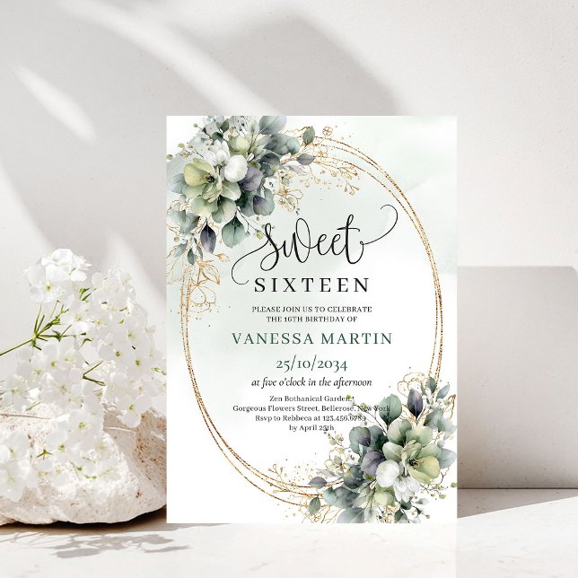 Invitation Boho Végétal Douce 16 Or (Boho Greenery Foliage Sweet 16 Gold Invitation)