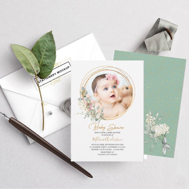 Invitation Boho  végétation Cadre doré  shower de bébé aquare (Créateur téléchargé)