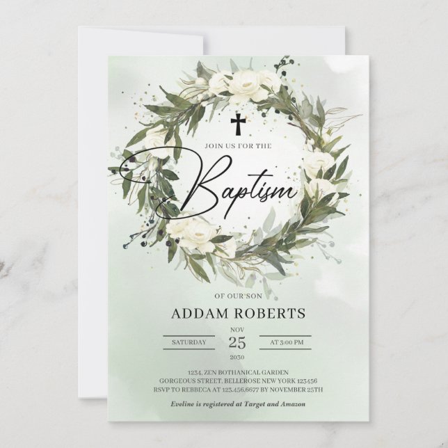 Invitation Boho verdure couronne blanc roses olive Baptême (Devant)