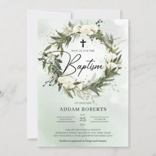 Invitation Boho verdure couronne blanc roses olive Baptême