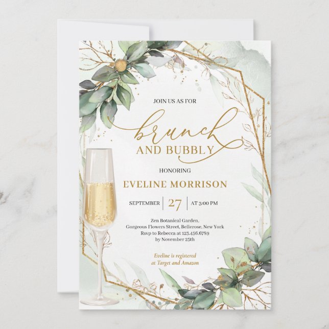 Invitation Boho verdure eucalyptus & brunch doré et mousseux (Devant)
