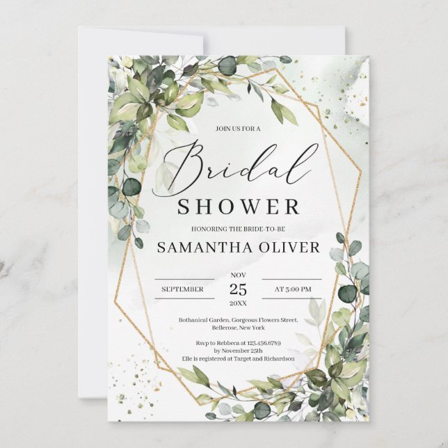 Invitation Boho verdure feuillage or cadre Fête des mariées (Devant)