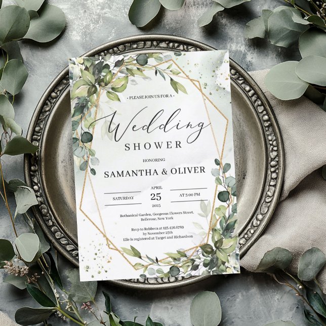 Invitation Boho verdure feuillage or cadre wedding shower (Boho greenery foliage gold frame wedding shower invitation)