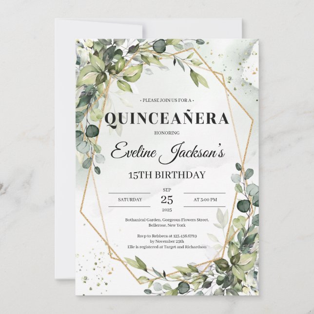 Invitation Boho verdure feuille cadre or quinceanera (Devant)
