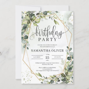 Invitation Boho verdure feuille d'or géométrique fête d'anniv