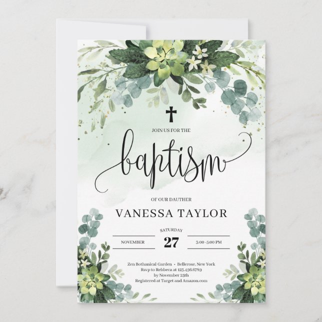 Invitation Boho verdure fleurs succulentes feuillage baptême (Devant)