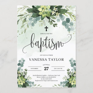 Invitation Boho verdure fleurs succulentes feuillage baptême