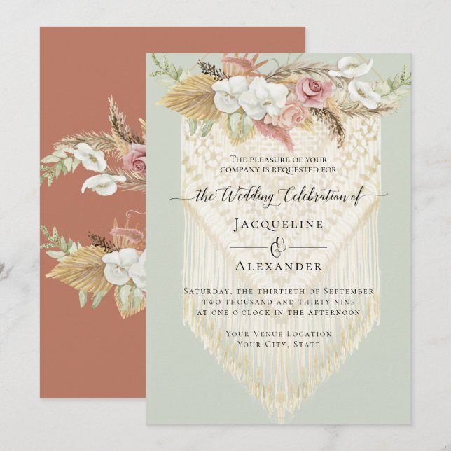 Invitation BOHO Verdure Floral Pampas Grass Mariage Macrame (Devant / Derrière)