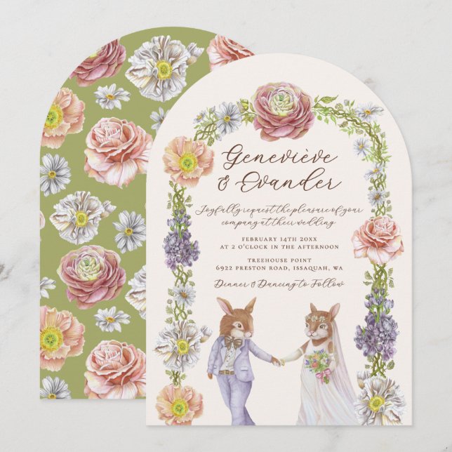 Invitation Boho vert Bunny Amour Aquarelle Mariage Floral (Devant / Derrière)