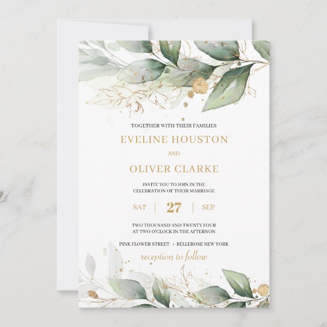 Invitation Boho vert eucalyptus feuille mariage or (Devant)