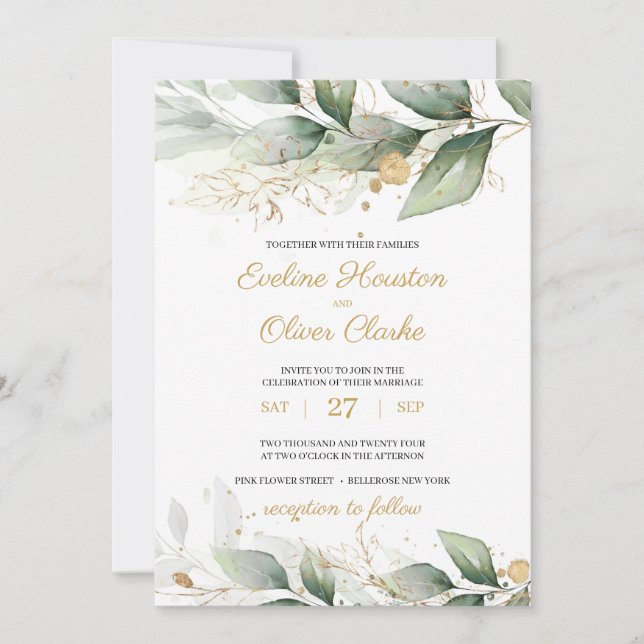 Invitation Boho vert eucalyptus feuille mariage or (Devant)