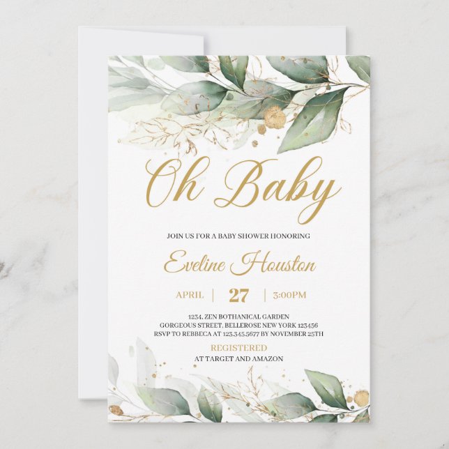Invitation Boho vert eucalyptus feuilles oh baby shower (Devant)