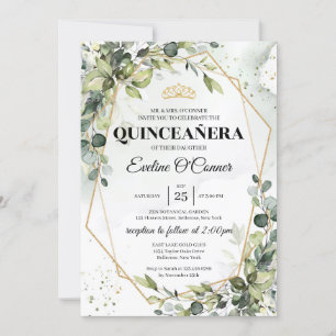 Invitation Boho vert eucalyptus or cadre couronne princière