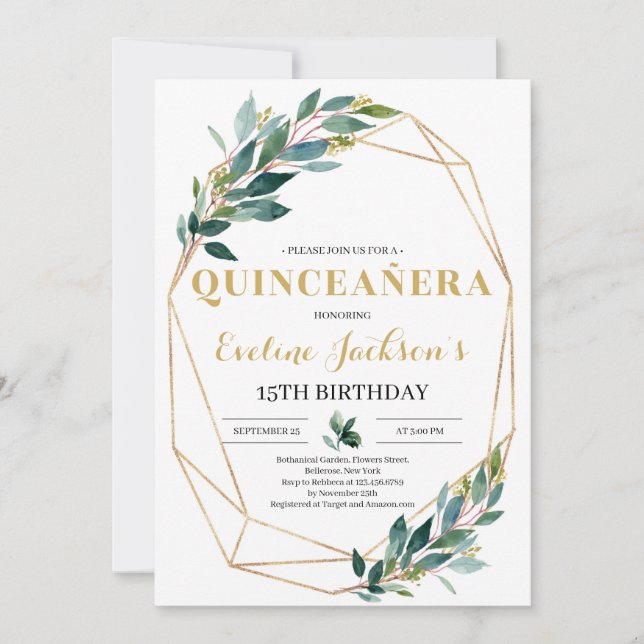 Invitation Boho vert eucalyptus or quinceanera (Devant)
