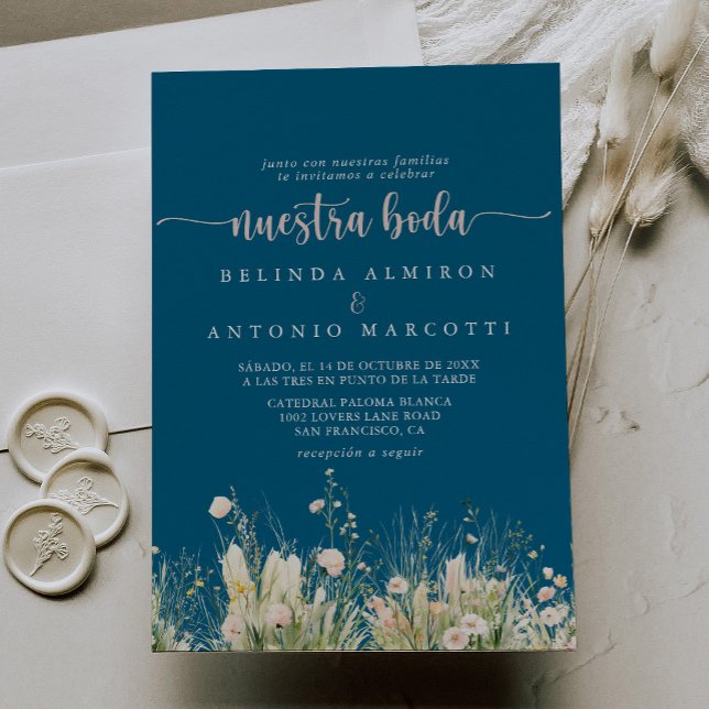 Invitation Boho vert Fleur sauvage Marine Nuestra Boda Mariag (Créateur téléchargé)