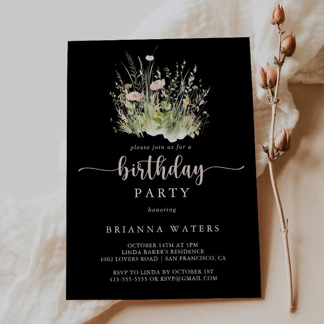 Invitation Boho vert Fleur sauvage Noir fête d'anniversaire (Créateur téléchargé)