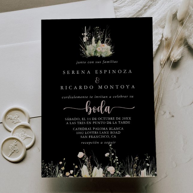 Invitation Boho vert Fleur sauvage noir Mariage espagnol (Créateur téléchargé)