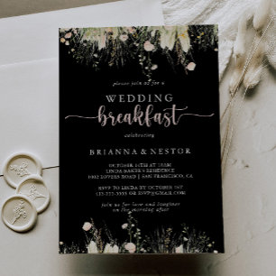 Invitation Boho vert Fleur sauvage noir Mariage petit déjeune