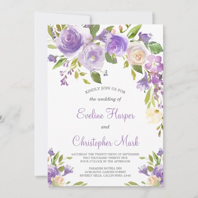 Invitation Boho vert fleuri violet Mariage de calligraphie (Devant)