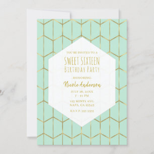 Invitation Boho Vert Menthe Hexagone Or Géométrique Douce 16 