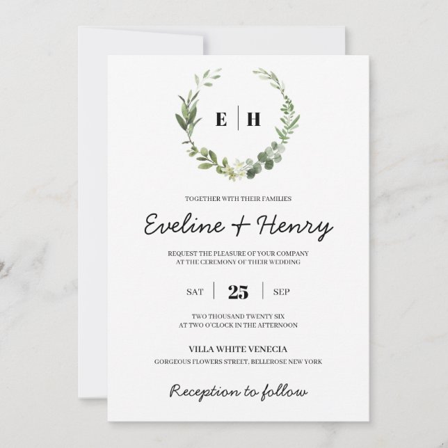 Invitation Boho vert monogramme succulent initiales mariage (Devant)
