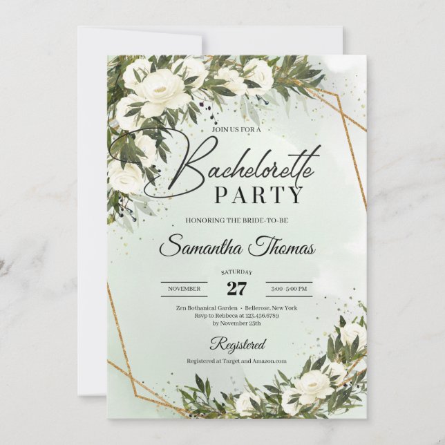 Invitation Boho vert olivier feuillage blanc roses bacheloret (Devant)