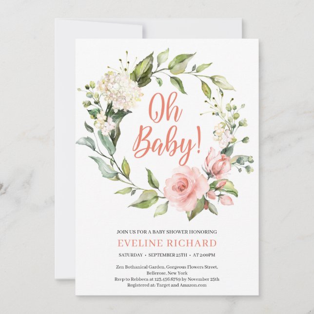 Invitation Boho vert rose roses rose blanche hydrangea Oh Bab (Devant)