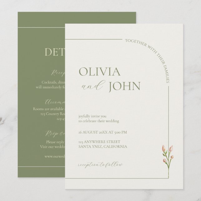 Invitation Boho Vert Sauge & Arche de Lin Minimaliste avec Dé (Devant / Derrière)