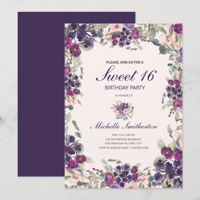 Invitation Boho Vert Sauge Feuilles Violet Rose Floral Sweet  (Devant / Derrière)