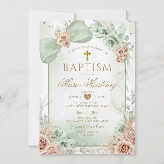 Invitation Boho Vert Sauge Floral Garçon Croix Sainte Baptême (Devant)