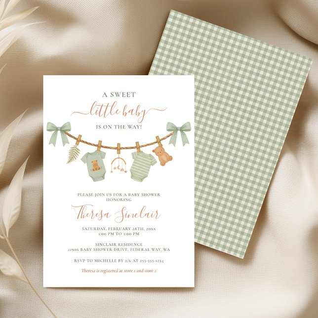 Invitation Boho Vert Sauge Linge de Vêtements Baby Shower (Sage Green Boho Clothesline Baby Shower Invitation)