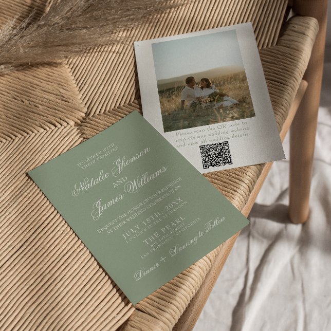 Invitation Boho Vert Sauge Moderne Code QR Photo Mariage (Créateur téléchargé)