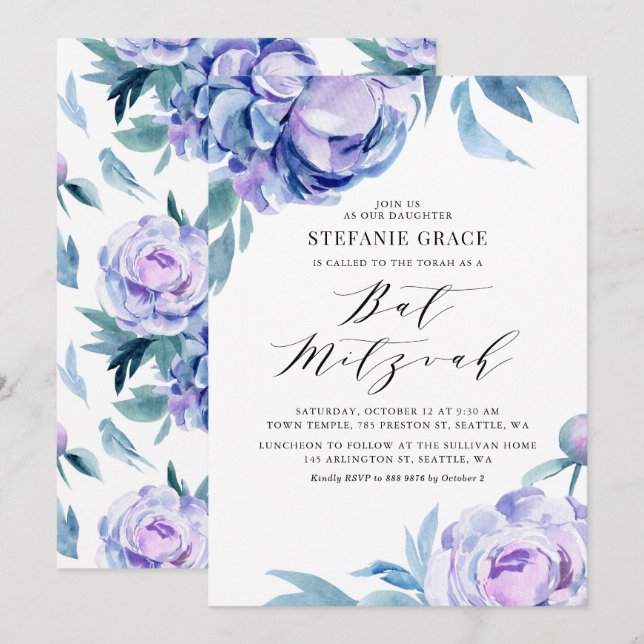 Invitation Boho Violet Aquarelle Peonies Floral Bat mitzvah (Devant / Derrière)