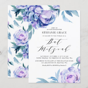 Invitation Boho Violet Aquarelle Peonies Floral Bat mitzvah