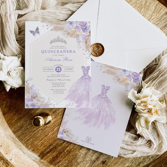 Invitation Boho violet argent Roses Quinceañera Mis Quince 15 (Créateur téléchargé)