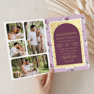 Invitation Boho Violet Floral Combinaison Dorée Mariage Indie