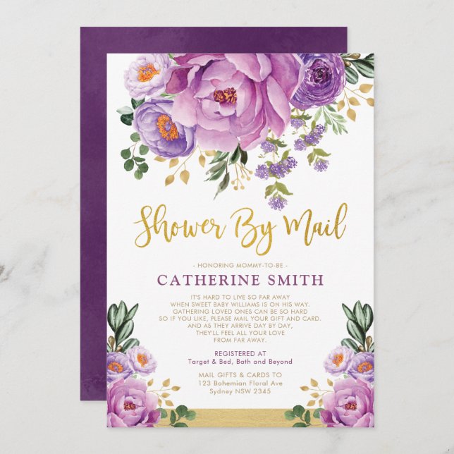 Invitation Boho Violet Or Floral Girl Baby shower Par Mail (Devant / Derrière)