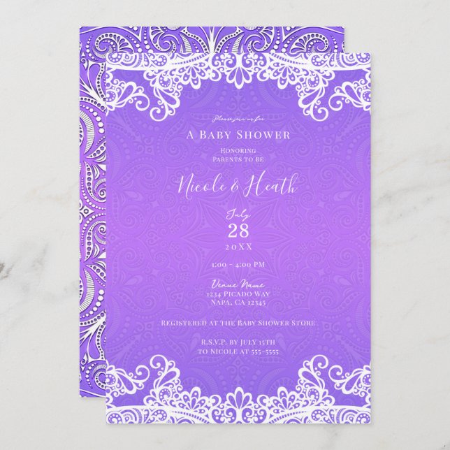 Invitation Boho violet rose & blanc Baby shower dentelle (Devant / Derrière)