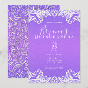Invitation Boho Violet Rose Blanc Dentelle 15e Fête de Quince