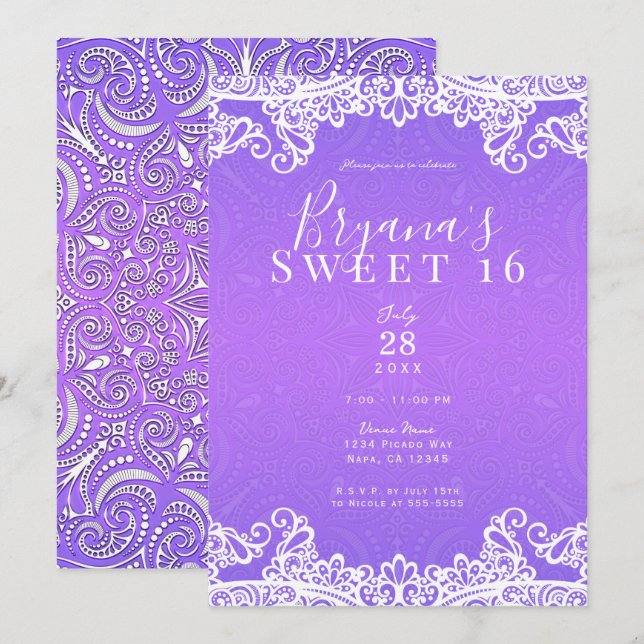 Invitation Boho Violet Rose & Blanc Dentelle Fête Douce 16 An (Devant / Derrière)