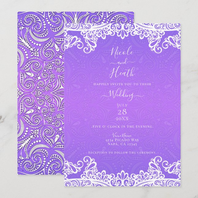 Invitation Boho Violet Rose Blanc Dentelle Motif Audacieux Ma (Devant / Derrière)