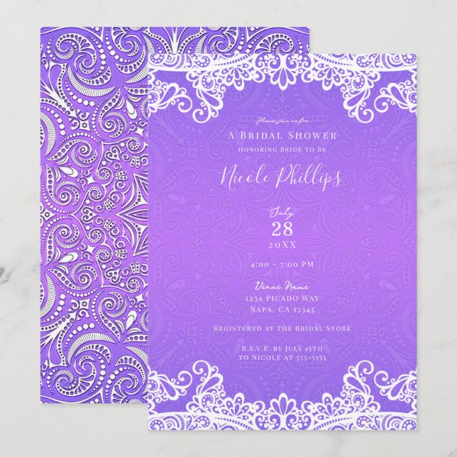 Invitation Boho Violet Rose et Blanc Mariage Lace Shower (Devant / Derrière)